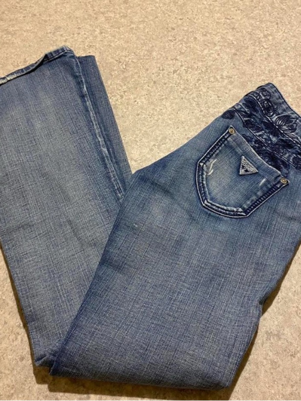Guess Women's Blue lowrise Bootcut Jeans with Embroidered floral Waist